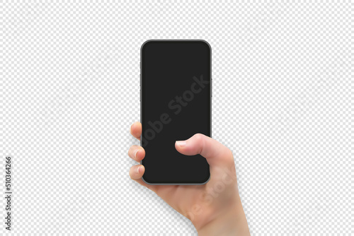 Woman hand holding and touching smartphone screen with thumb, vector illustration