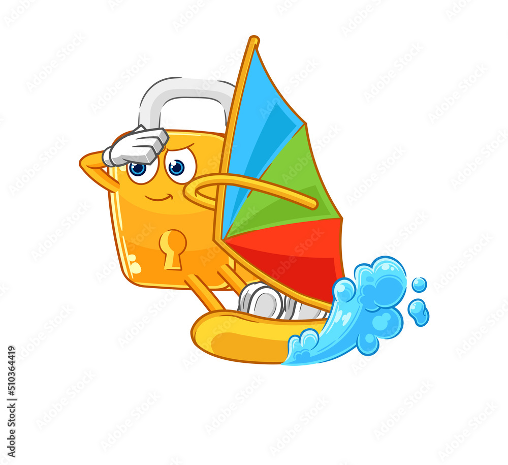 padlock windsurfing character. mascot vector