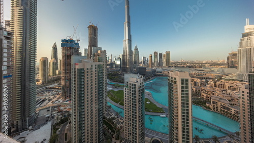 Dubai Downtown cityscape with tallest skyscrapers around aerial timelapse. photo