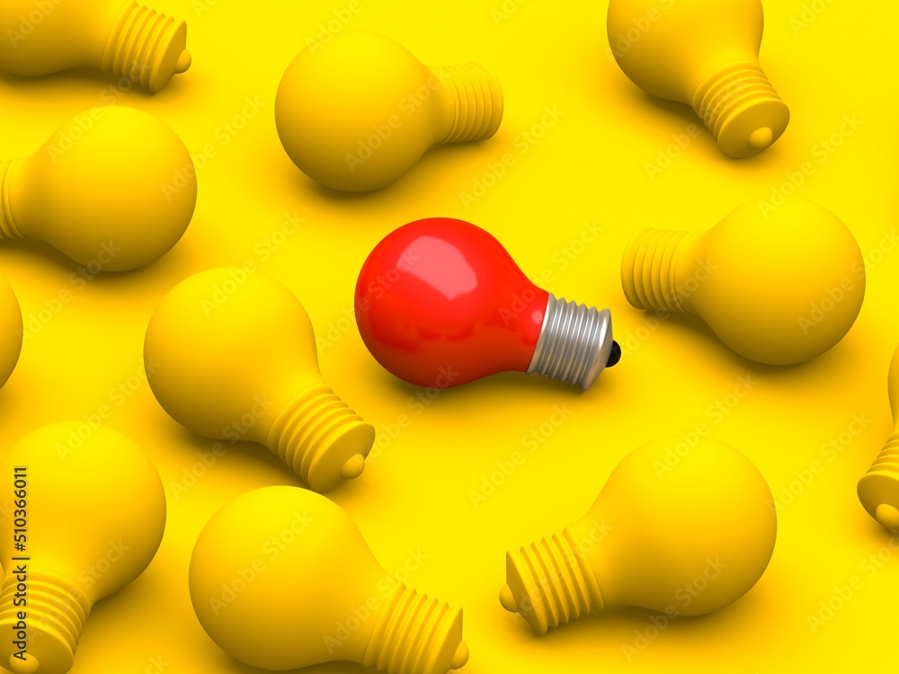 Different red bulb. One light bulb standing out from crowd Different red bulb. One light bulb standing out from crowd