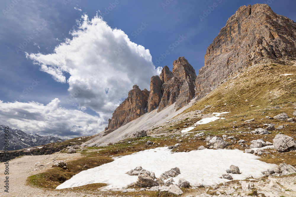 The three peaks of Lavaredo as seen from the main trail below