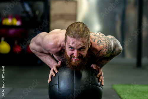 Ball - man ups beard push athletic medicine push caucasian fitness, concept muscular sexy from workout from young male, lifestyle boxer. Physical supplement,