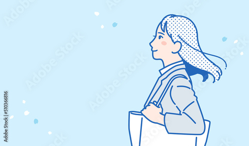 スーツの女性と桜のシンプルなベクターイラスト素材