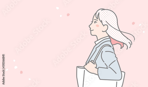 スーツの女性と桜のシンプルなベクターイラスト素材