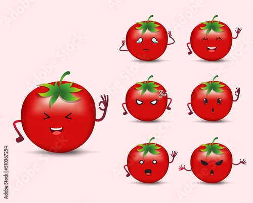 Fototapeta Naklejka Na Ścianę i Meble -  Cute red tomato character design icon with many different expression. Collection of realistic tomato pepper design icon