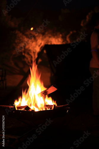 春のキャンプ場で焚き火台を使った焚き火