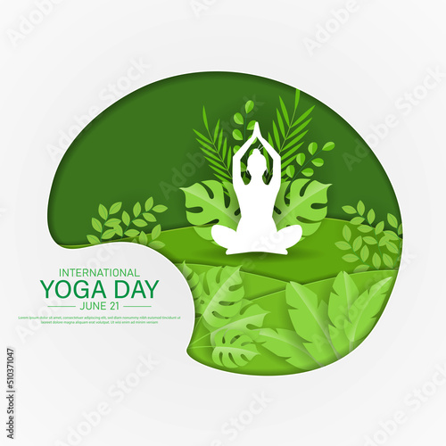 International yoga day banner or poster template design.Woman doing yoga pose, vector illustration.