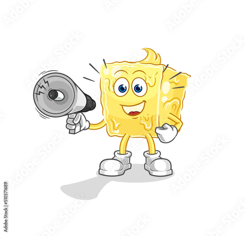 butter holding hand loudspeakers vector. cartoon character