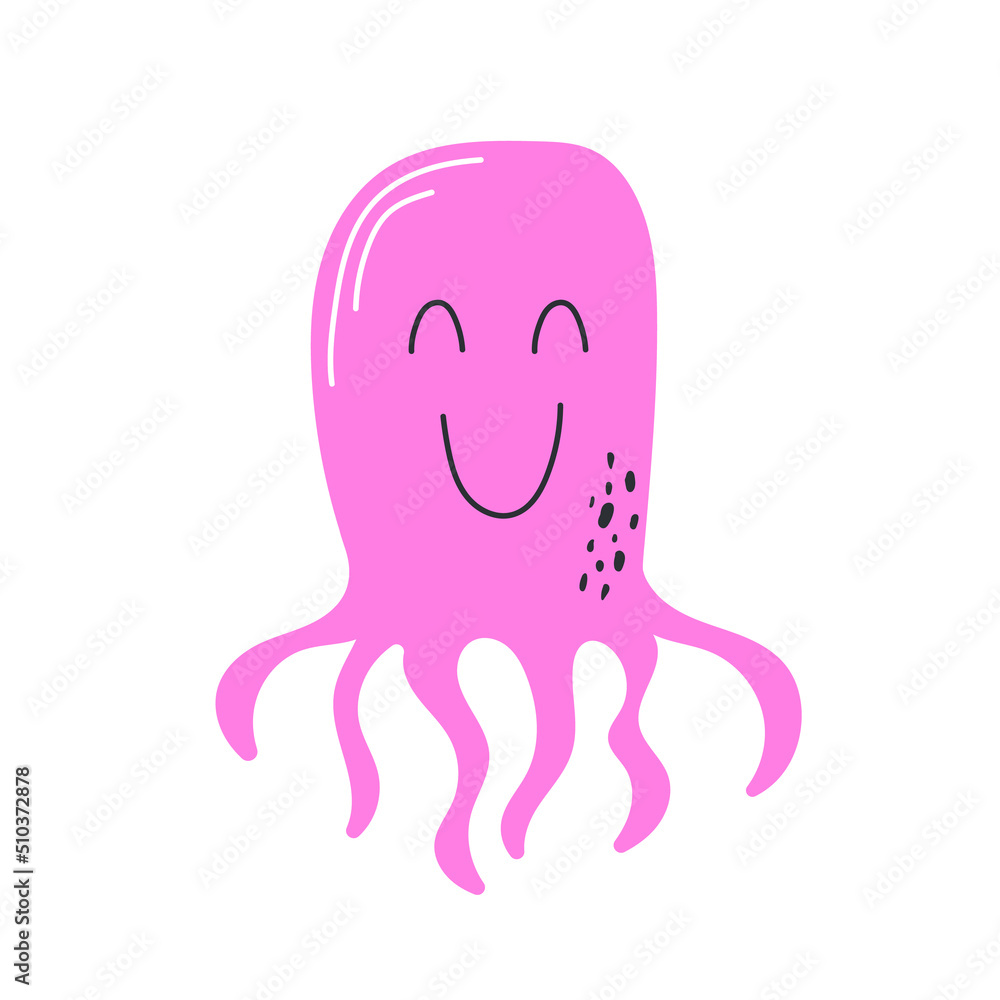 Octopus - funny cartoon character - original hand drawn pink illustration. Simple icon on white Octopus - funny cartoon character - original hand drawn pink illustration. Simple icon on white