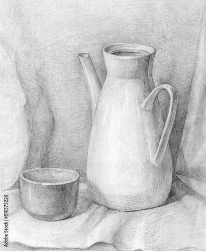Pencil drawing.  Hand drawn still life. White teapot with cup.