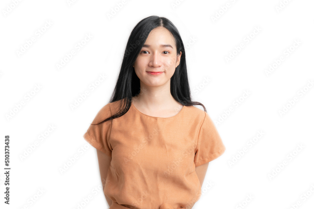 Asian woman portrait and smile with copy space on white background Asian woman portrait and smile with copy space on white background