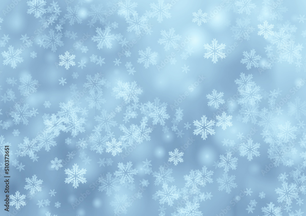 Winter irregular digital art. Blue snowflakes background. 