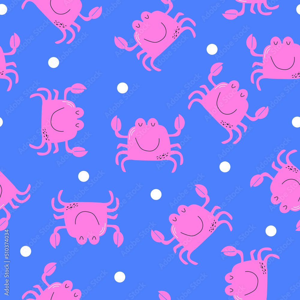 Vector seamless pattern with pink crabs on blue background. Funny crab. Cute children drawing. Flat cartoon illustration