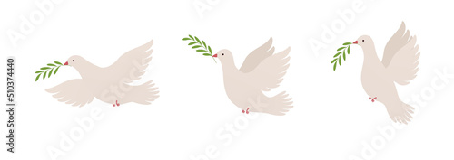 Fotografering Flying dove with olive branch in different positions, symbol peace
