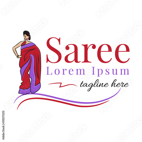 Saree fashion logo vector illustration with female art and dummy text on white background.