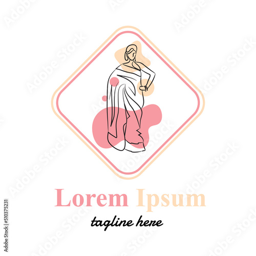 Saree fashion logo vector illustration with female art and dummy text on white background.
