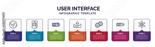 infographic template with icons and 7 options or steps. infographic for user interface concept. included tick box, blank file, battery loaded, extract button, hours, battery medium charge, pointed