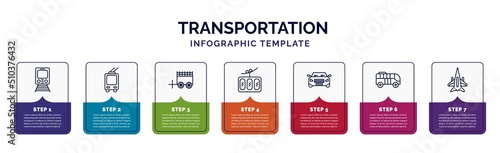 infographic template with icons and 7 options or steps. infographic for transportation concept. included metro, trolleybus, oxcart, funicular railway, car frontal view, modern bus, military airplane