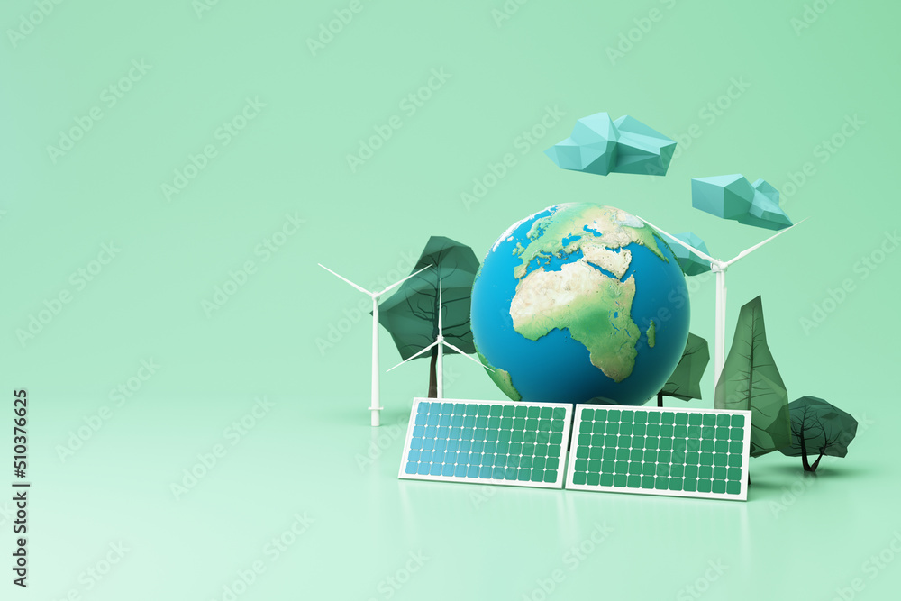 Clean energy concept on World Environment Day or International Day of Forests concept tree and earth globe with solar cell panel with windmill on pastel background. 3d rendering Clean energy concept on World Environment Day or International Day of Forests concept tree and earth globe with solar cell panel with windmill on pastel background. 3d rendering