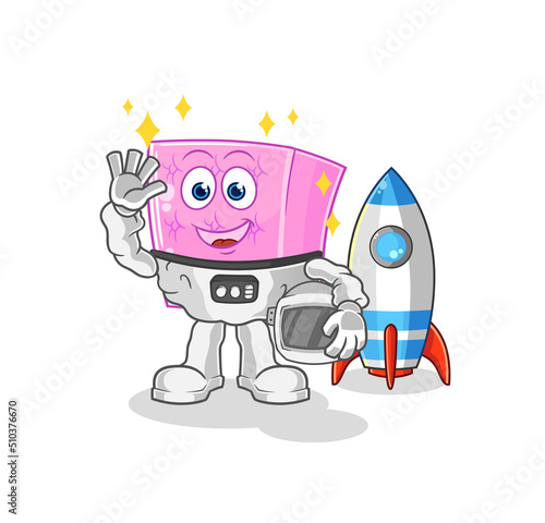 mattress astronaut waving character. cartoon mascot vector