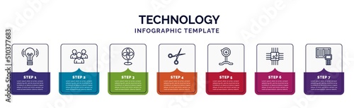 infographic template with icons and 7 options or steps. infographic for technology concept. included wireless lighting, customers, ventilator, hairdressing tools, pitching hine, big chip, portable