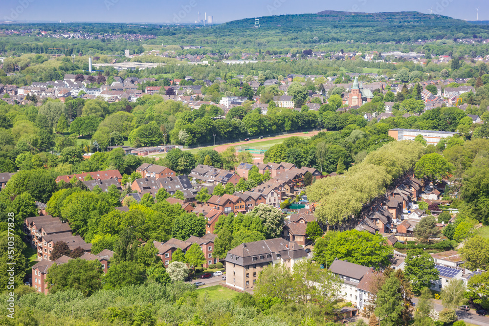 Aerial view of the city and surrounding hills of Bottrop, Germany