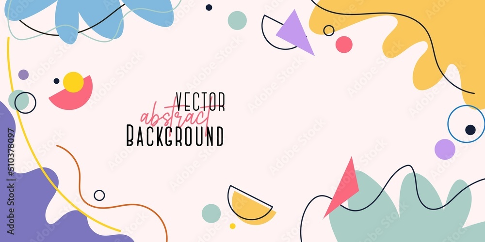 Trendy abstract background with various shapes. Colorful flat style design template with various dynamic shapes and lines. Vector illustration hand drawn design for banner, blog, flyer, social media