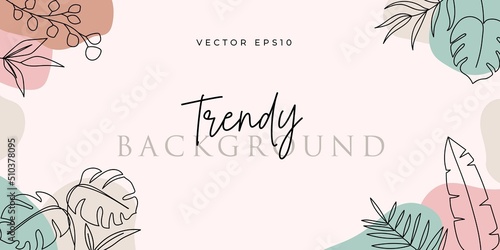 Modern botanical background with line art tropical leaves silhouettes and organic shapes vector illustration