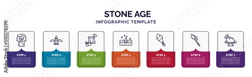 infographic template with icons and 7 options or steps. infographic for stone age concept. included troglodyte, pterodactyl, dolmen, skin, cudgel, spear, roast chicken icons.