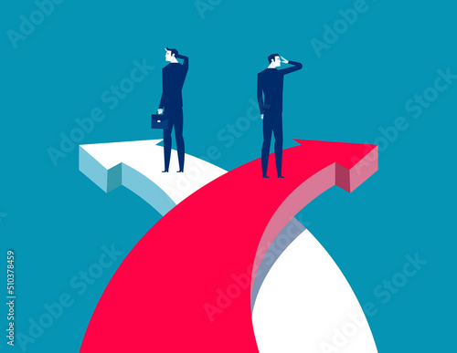 Standing at the top of the arrow to look farther. Business team concept