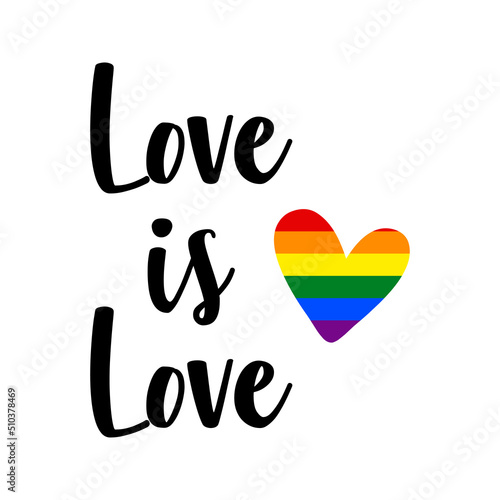 Banner con texto manuscrito Love is love. Corazón con bandera lgbt. Color arco iris. Vector para evento del mes del orgullo. Logo orgullo gay