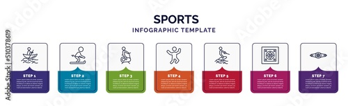 infographic template with icons and 7 options or steps. infographic for sports concept. included man in canoe, skier skiing, exercise gym, jumping dancer, water ski, dohyo, boxer with belt icons.