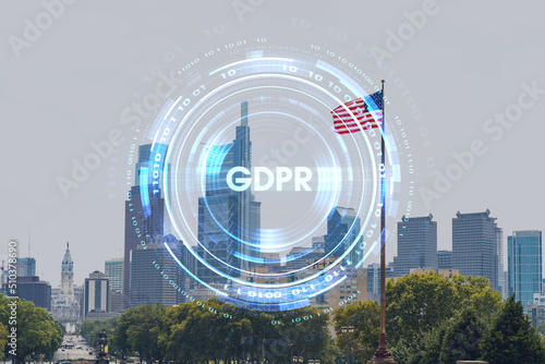 Summer day time cityscape of Philadelphia financial downtown, Pennsylvania, USA. City Hall neighborhood. GDPR hologram, concept of data protection regulation and privacy for all individuals in EU Area
