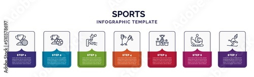 infographic template with icons and 7 options or steps. infographic for sports concept. included golf champion, football cup, swimming jump, ski poles, podium with cup, person riding on sleigh,