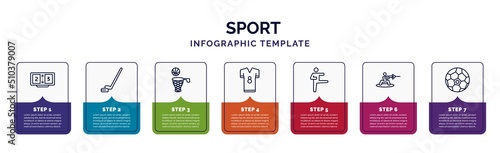 infographic template with icons and 7 options or steps. infographic for sport concept. included scoreboard, hockey, basketball, football jersey, karate, wakeboarding, soccer ball icons.
