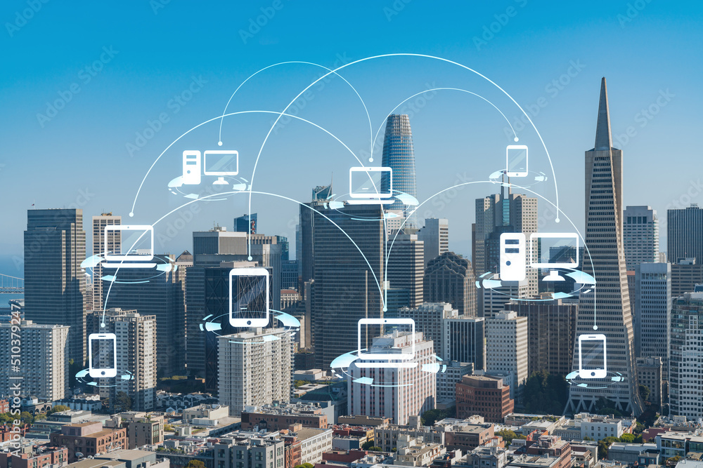 San Francisco skyline from Coit Tower to Financial District and residential neighborhoods, California, US. Social media hologram. Concept of networking and establishing new people connections