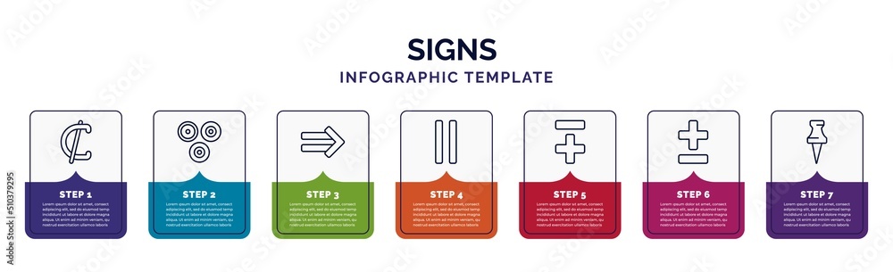 infographic template with icons and 7 options or steps. infographic for signs concept. included is not a sub, because, implies if, is parallel to, less plus, plus less, pinned icons. - obrazy, fototapety, plakaty 