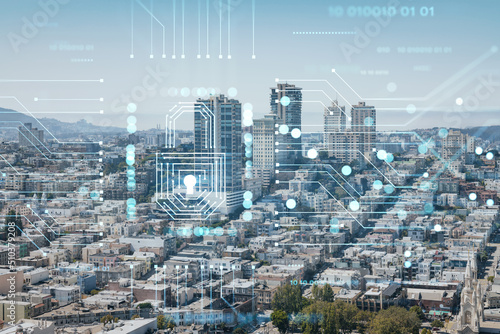 Canvas Print Panoramic cityscape view of San Francisco financial downtown at day time from rooftop, California, United States