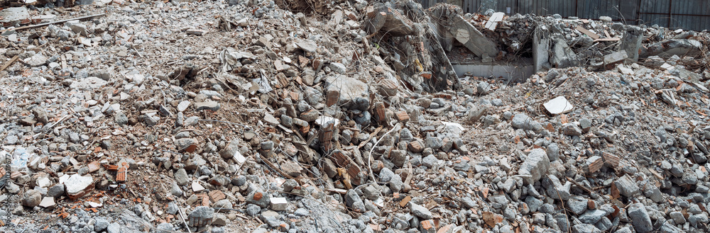 ruined concrete debris background. Front view ruined concrete debris background. Front view