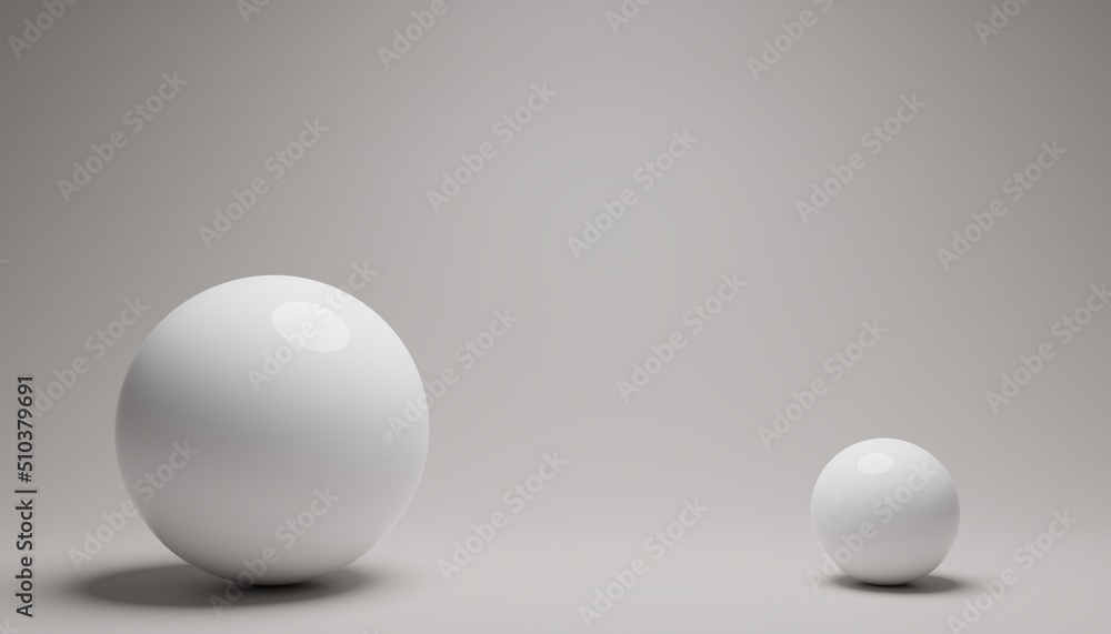 3d render of a two white sphere with copy space on a grey background.Digital image illustration. 3d render of a two white sphere with copy space on a grey background.Digital image illustration.