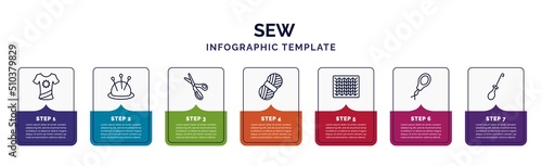 infographic template with icons and 7 options or steps. infographic for sew concept. included garment, pincushion, pinking shears, wool ball, knit, threader, awl icons.