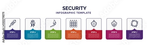 infographic template with icons and 7 options or steps. infographic for security concept. included shock absorber, watch tower, match fire, picket, checkered shield, protector, lifesaving icons.