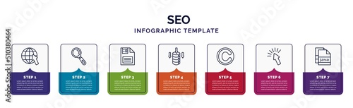 infographic template with icons and 7 options or steps. infographic for seo concept. included website, search, floppy disk, data storage, copyright, click, icons.