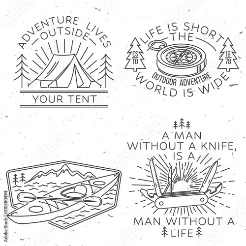 Set of camping badges, patches. Vector illustration. Concept for shirt or logo, print, stamp or tee. Vintage line art design with camping equipment, forest, retro compass and mountain