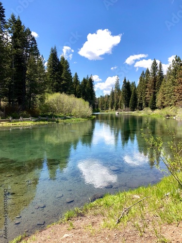 The view of Truckee river on a sunny summer day in North Lake Tahoe, California. Mountain river in Sierra Nevada. West coast vacation destinations. California roadtrip. 