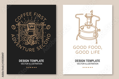 Coffee first, adventure second. Good food good life. Live, love, travel. Camping quote. Vector. Set of Line art flyer, brochure, banner, poster with camping primus, camping kettle, sunburst and forest