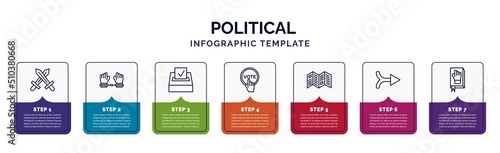 infographic template with icons and 7 options or steps. infographic for political concept. included war, slavery, election, vote, leaflet, merging, oath icons.