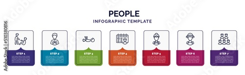 infographic template with icons and 7 options or steps. infographic for people concept. included man lifting an old man, pulmonary, physiotherapy, meeting date, constructor, farmers, relation icons.