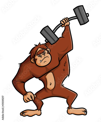 The strong gorilla is lifting weight with one hand