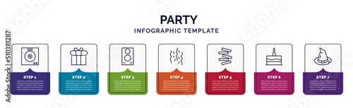 infographic template with icons and 7 options or steps. infographic for party concept. included dj playing records, giftbox with ribbon, big speaker, celebration, jenga, birthday cake, wizard hat on